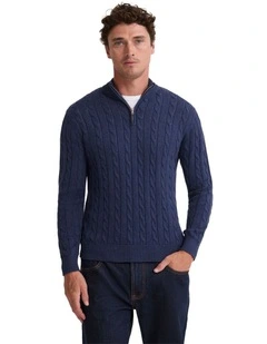 Marlon Zip Neck Cable Knit in Navy