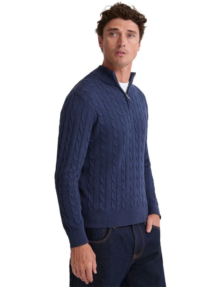 Marlon Zip Neck Cable Knit in Navy image 3