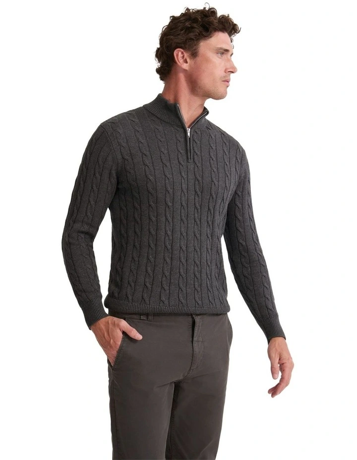 Marlon Zip Neck Cable Knitwear in Charcoal image 3