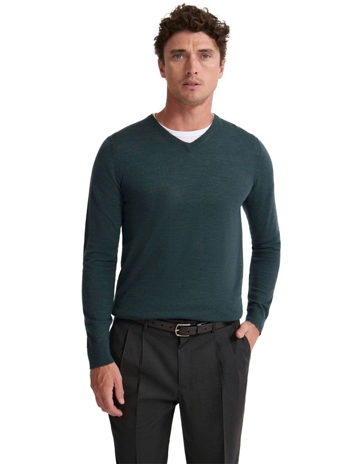 Basic V-Neck Pure Wool Pullover in Forest image 1