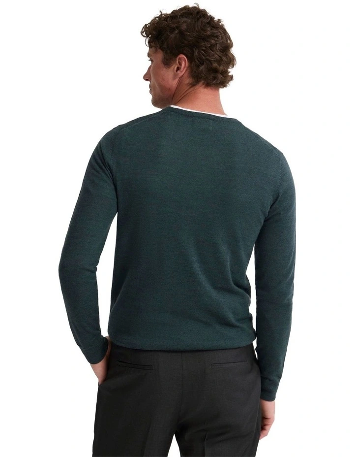 Basic V-Neck Pure Wool Pullover in Forest image 2
