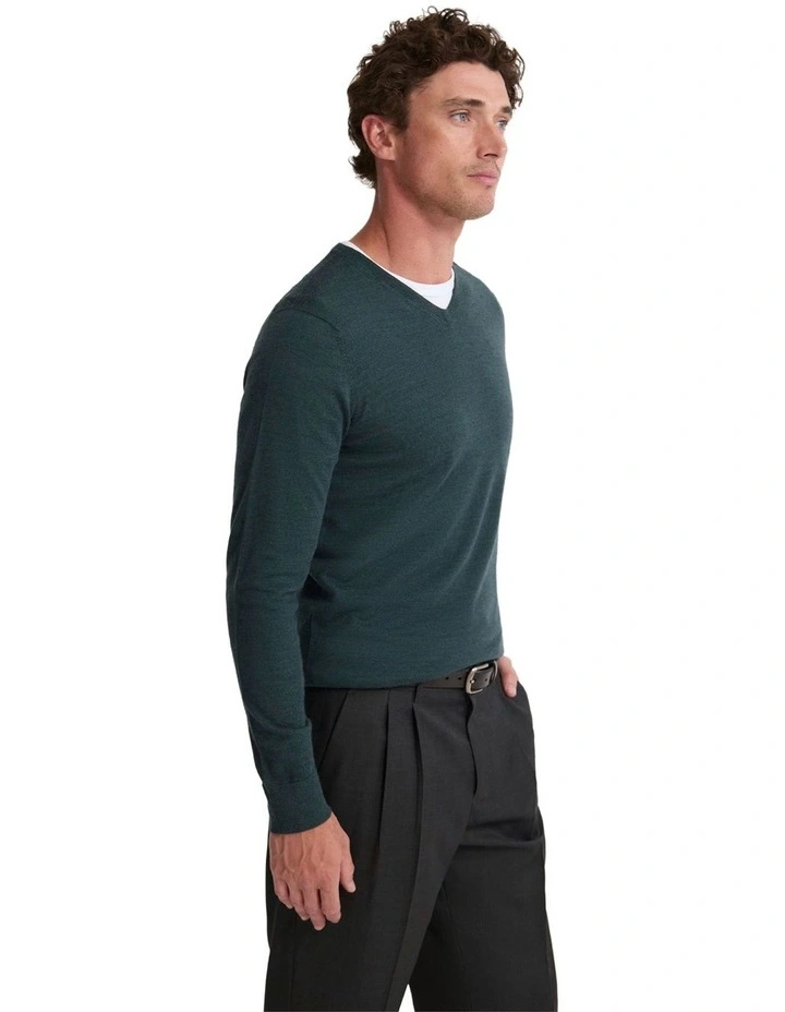 Basic V-Neck Pure Wool Pullover in Forest image 3