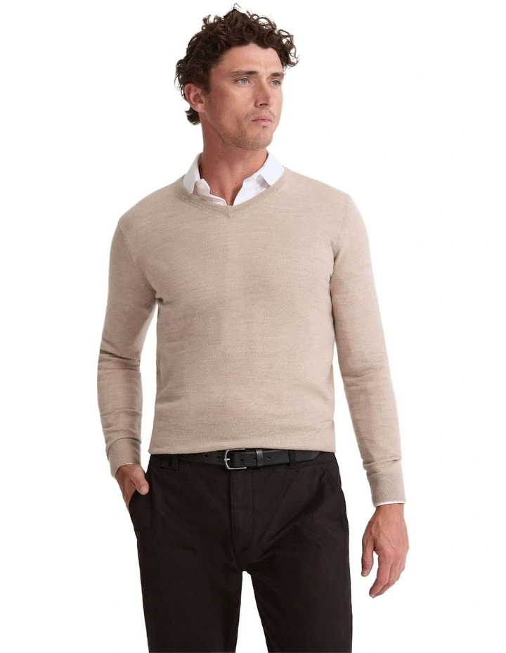 Basic V-Neck Pure Wool Pullover in Oatmeal image 1