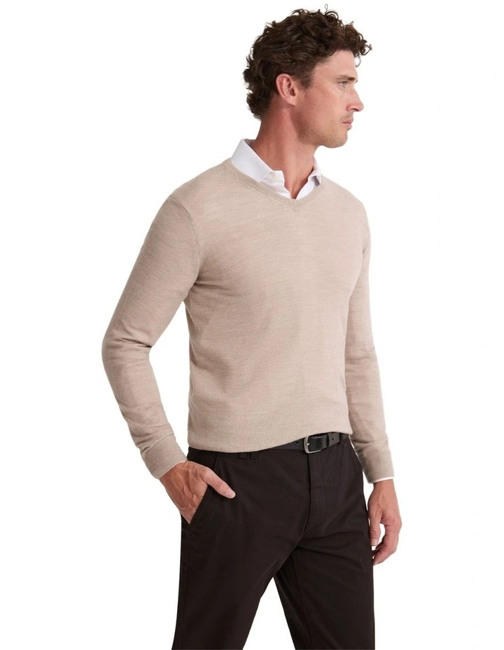 Basic V-Neck Pure Wool Pullover in Oatmeal image 3