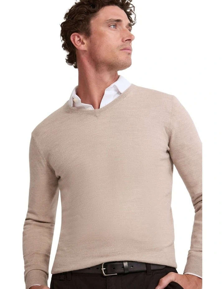 Basic V-Neck Pure Wool Pullover in Oatmeal image 4