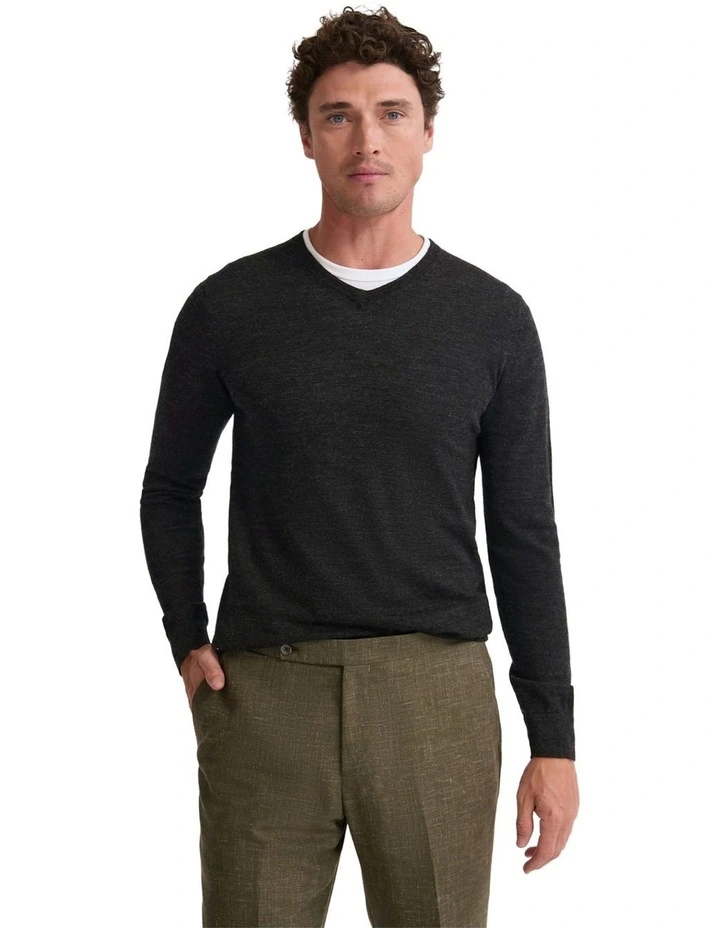 Basic V-Neck Pure Wool Pullover in Charcoal image 1
