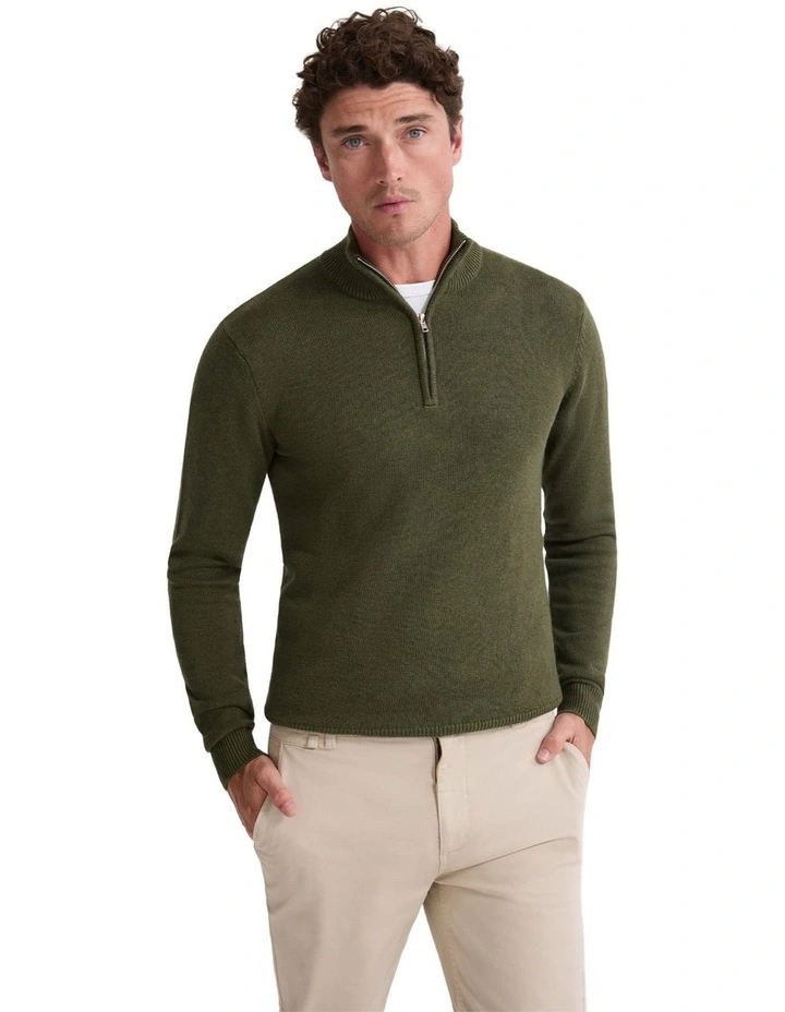 Robert Zip Neck Knit Pullover in Olive image 1