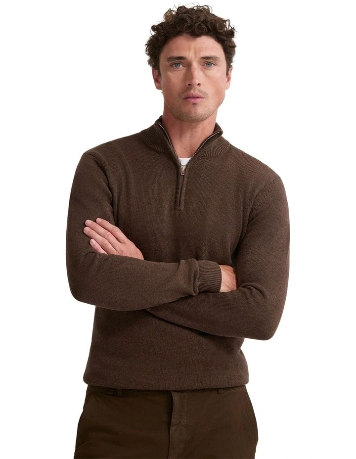 Robert Zip Neck Knit Pullover in Chocolate image 1
