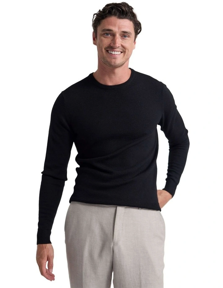 Crew Neck Pure Merino Wool Pullover in Black image 1