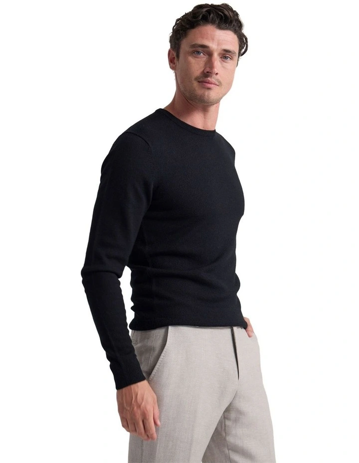 Crew Neck Pure Merino Wool Pullover in Black image 3