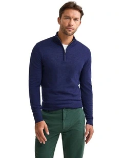 Merino Zip-Neck Wool Pullover Jumper in Navy