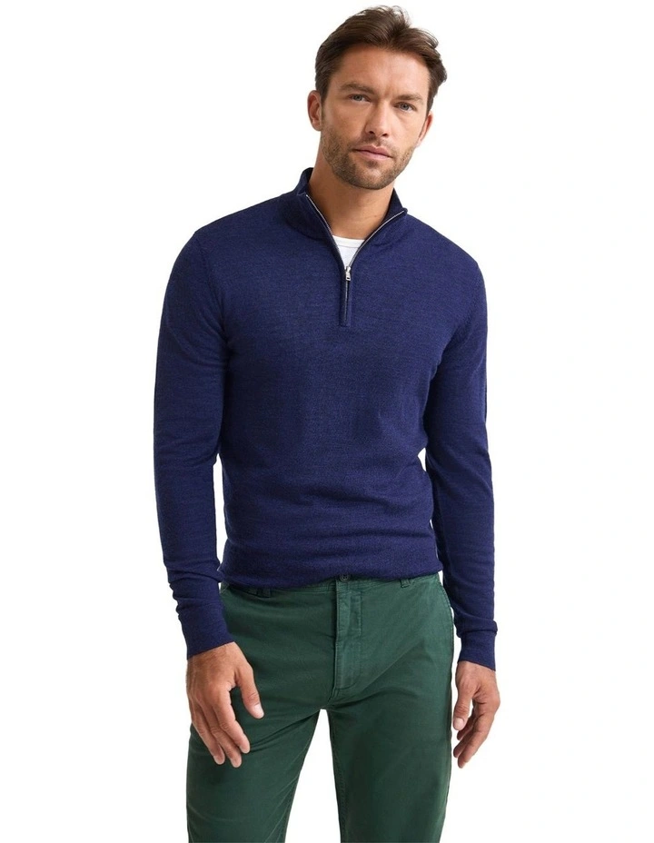 Merino Zip-Neck Wool Pullover Jumper in Navy image 1