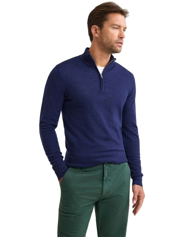 Merino Zip-Neck Wool Pullover Jumper in Navy image 3