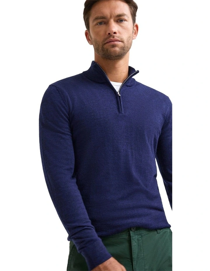 Merino Zip-Neck Wool Pullover Jumper in Navy image 4