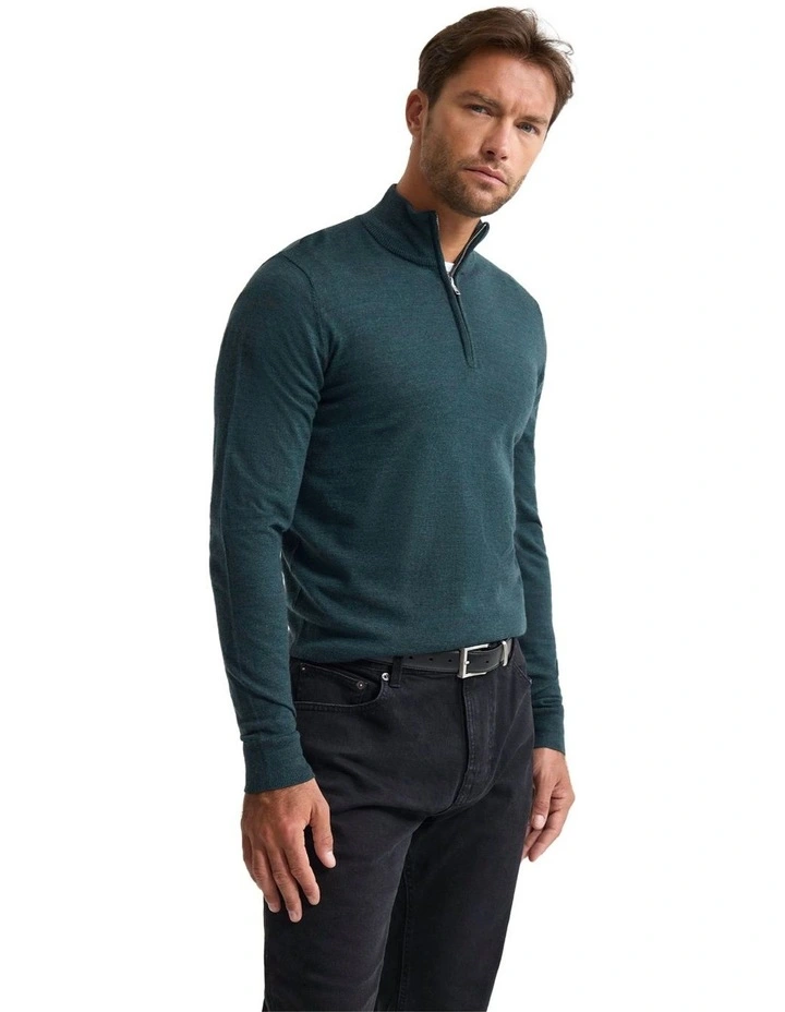 Merino Zip-Neck Wool Pullover Jumper in Forest image 3