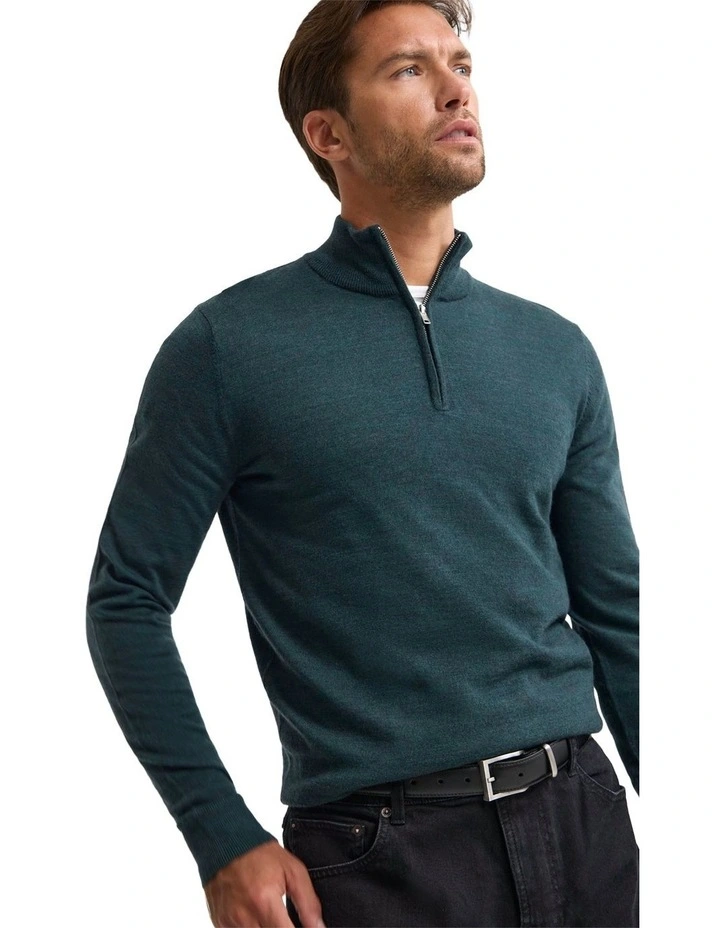 Merino Zip-Neck Wool Pullover Jumper in Forest image 4