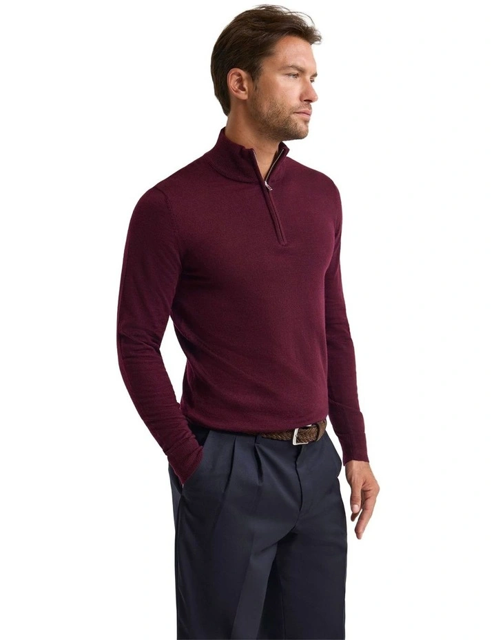 Merino Zip-Neck Wool Pullover Jumper in Claret image 3