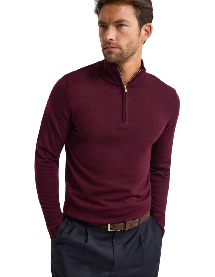Merino Zip-Neck Wool Pullover Jumper in Claret image 4