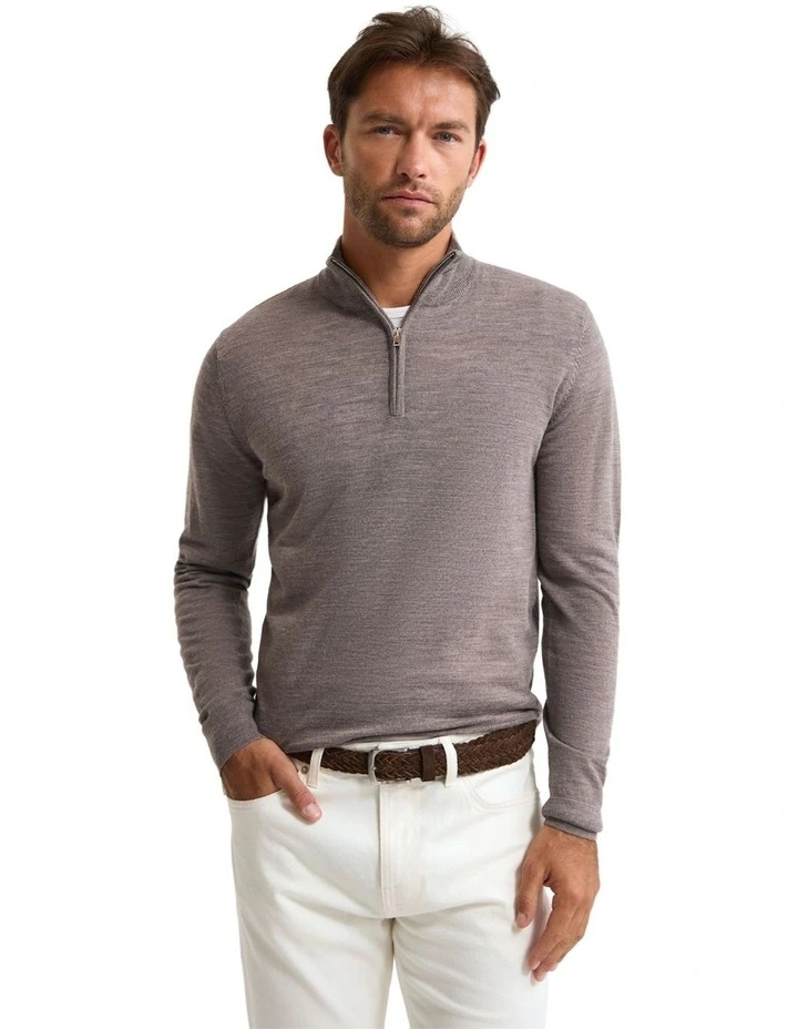 Merino Zip-Neck Wool Pullover in Bark image 1