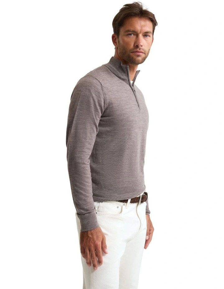 Merino Zip-Neck Wool Pullover in Bark image 3