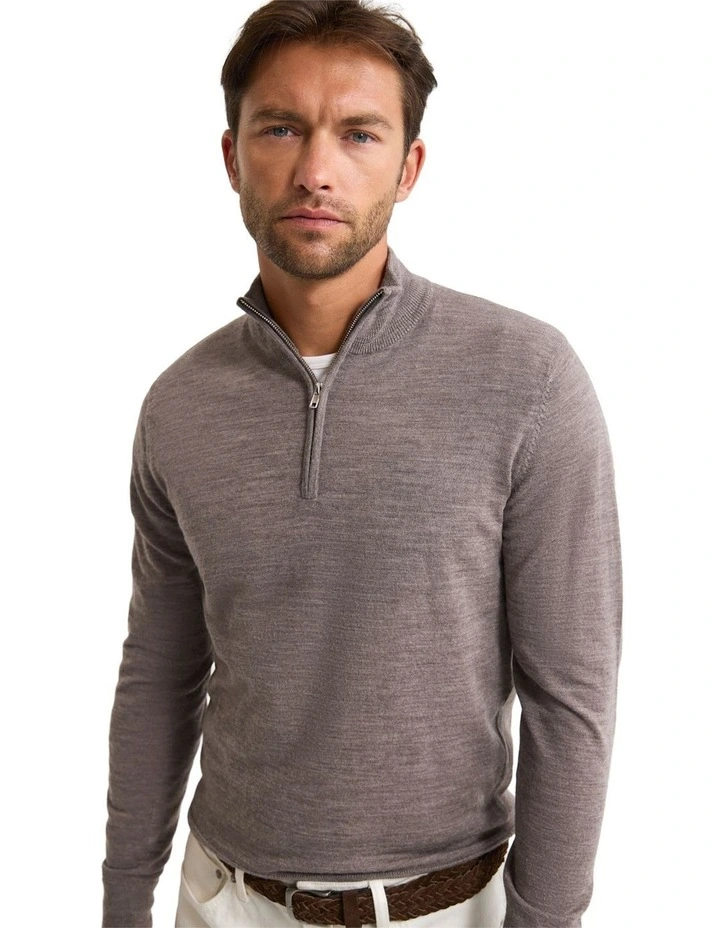 Merino Zip-Neck Wool Pullover in Bark image 4