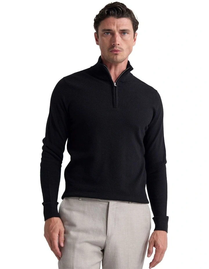 Merino Zip-Neck Wool Pullover in Black image 1