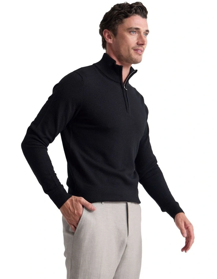 Merino Zip-Neck Wool Pullover in Black image 3