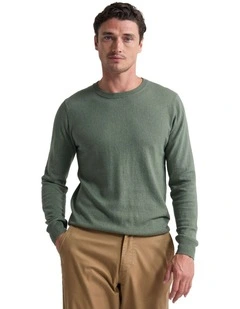 Cotton Cashmere Crew Neck Knit T-shirt in Olive