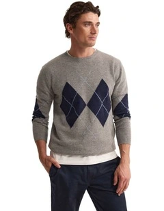 Anton Wool Argyle Crew Neck in Grey