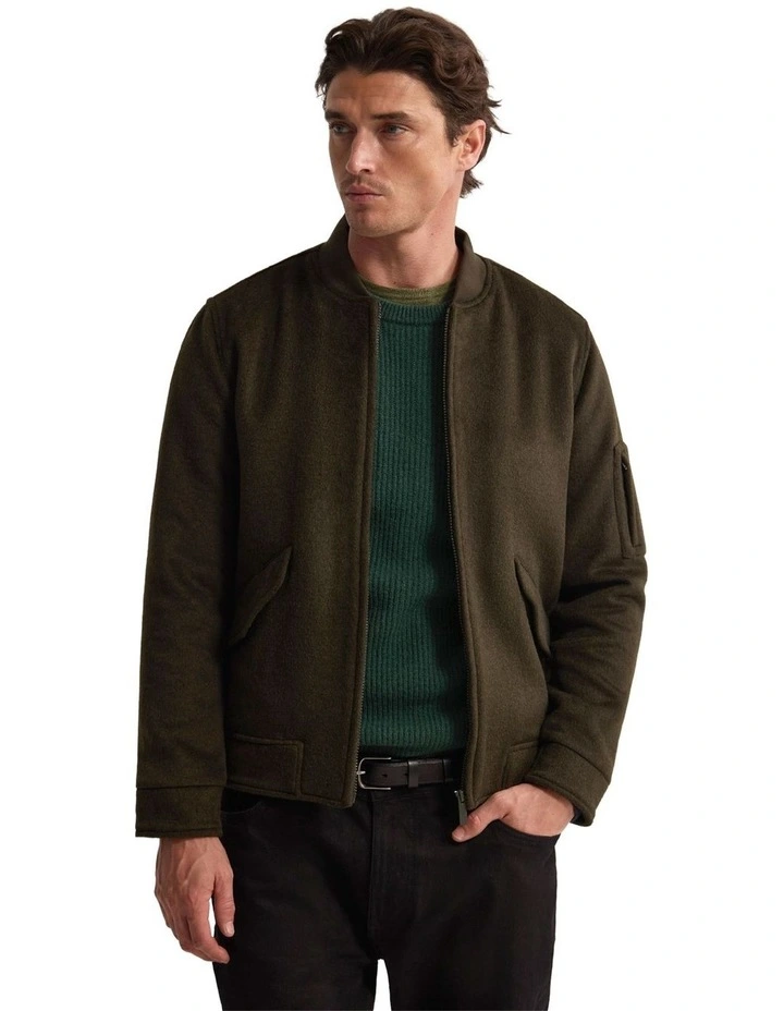 Hamish Wool Blend Bomber Jacket in Dark Olive image 1