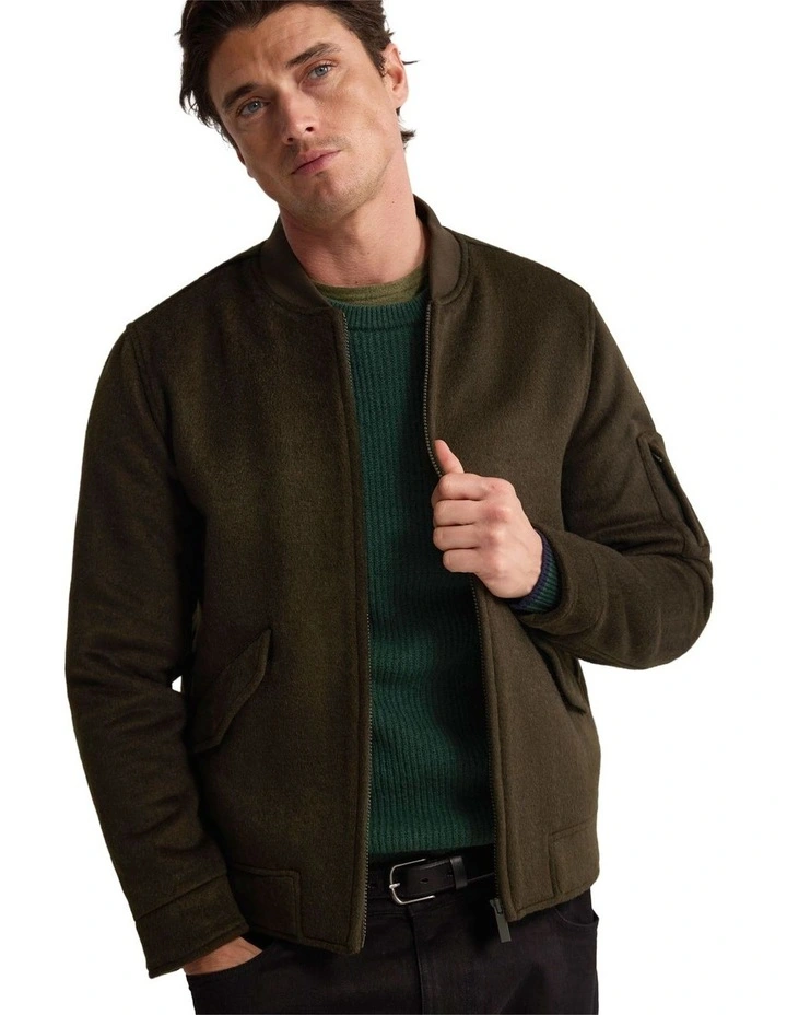 Hamish Wool Blend Bomber Jacket in Dark Olive image 4