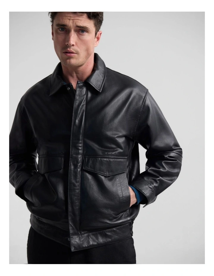 Nico Leather Bomber Jacket in Black image 2