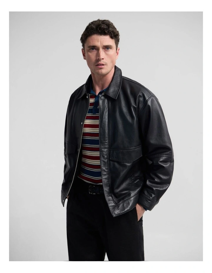 Nico Leather Bomber Jacket in Black image 4