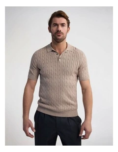 Fernando Cable Knit Polo in Sand