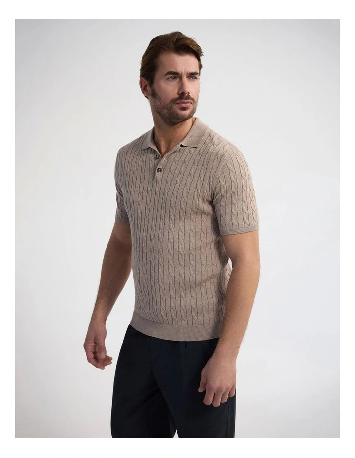 Fernando Cable Knit Polo in Sand image 3