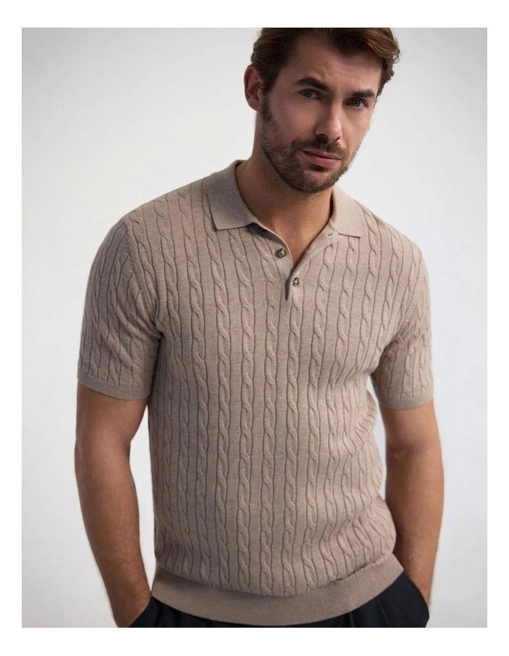 Fernando Cable Knit Polo in Sand image 4