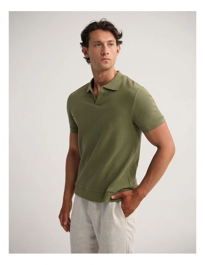 Beau Waffle Polo in Olive image 3