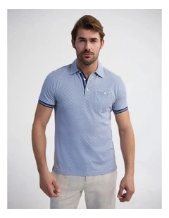 Milo Print Jersey Polo With Pocket in Blue And Tan