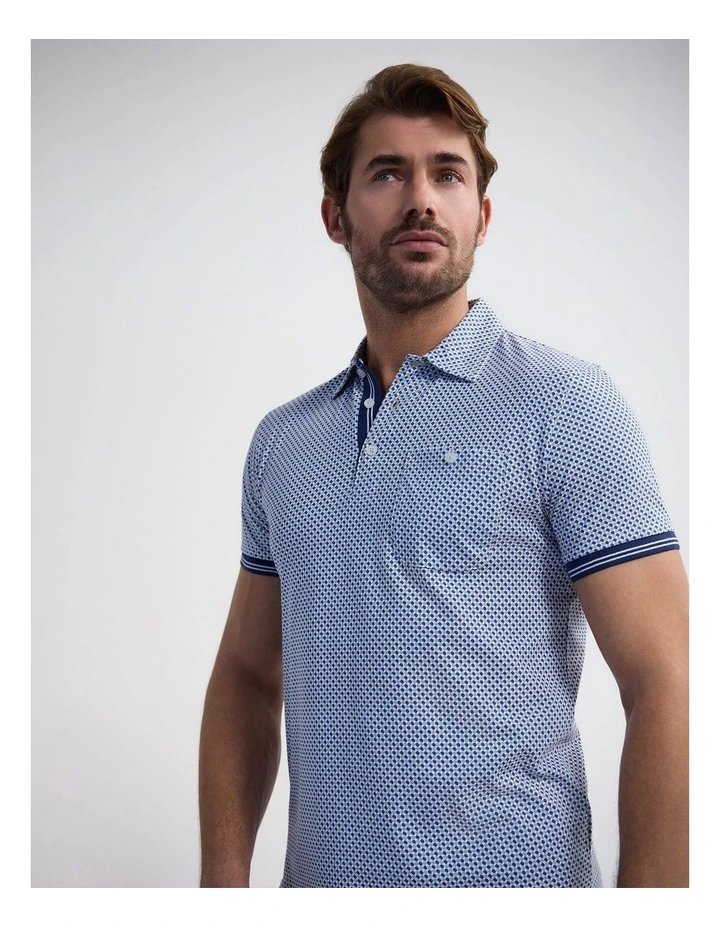 Milo Print Jersey Polo With Pocket in Blue And Tan image 4