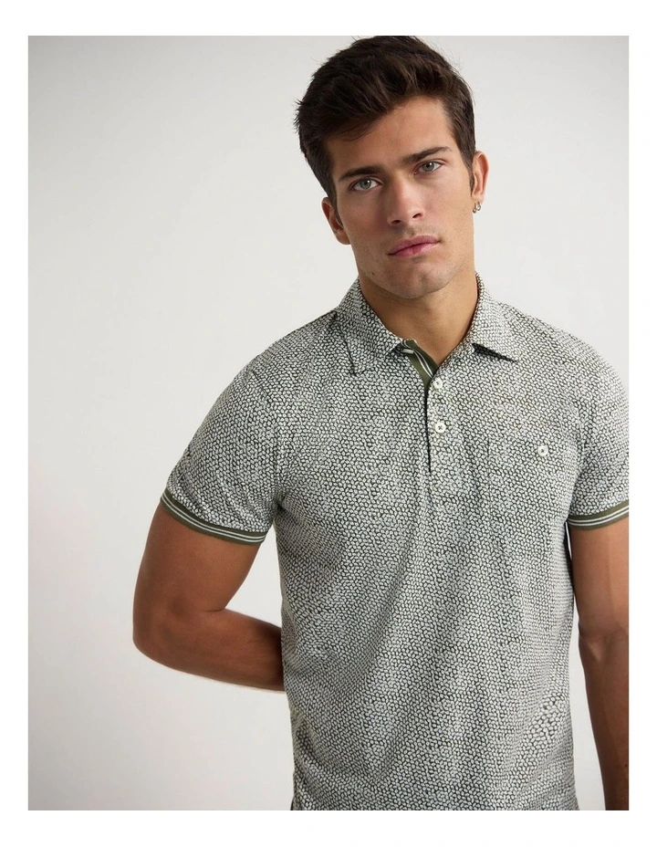 Milo Print Jersey Polo With Pocket in Olive image 4