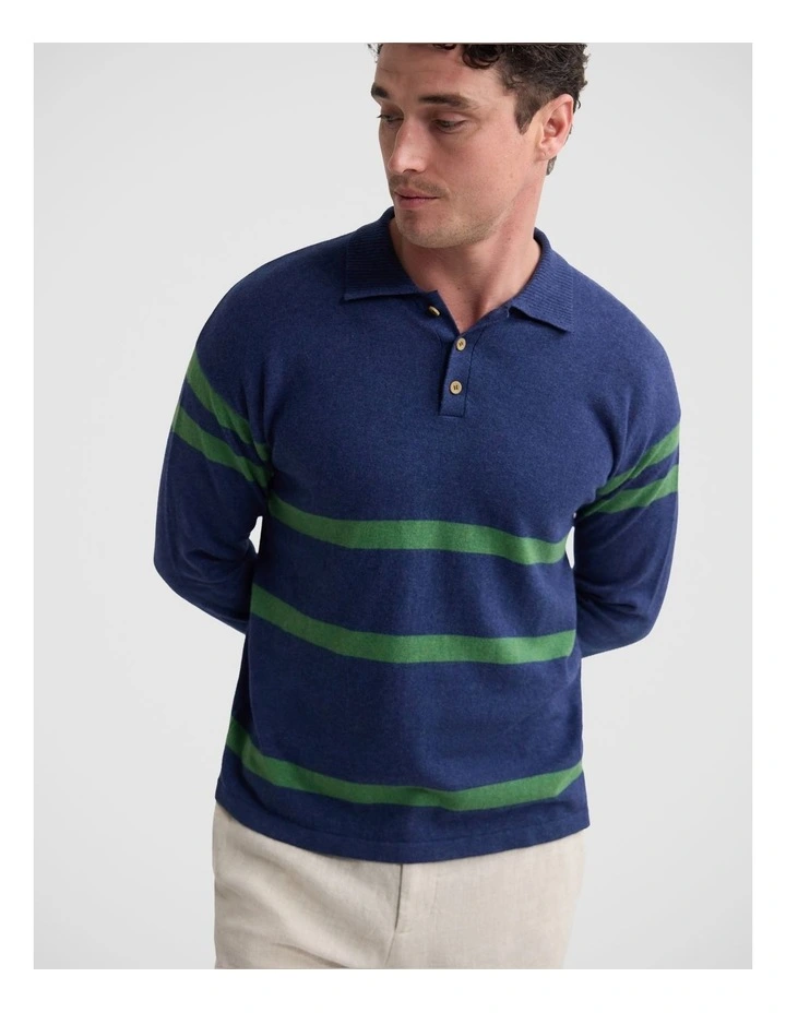 Wolf Striped Cashmere Blend Rugby in Navy and Green image 4