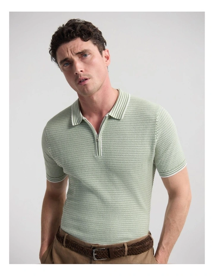 Erik Zip Polo in Green/Ecru image 1