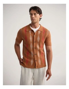 Carey Patterened Button Up Polo in Rust