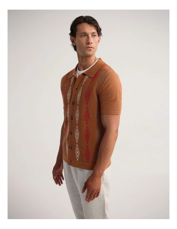 Carey Patterened Button Up Polo in Rust image 3