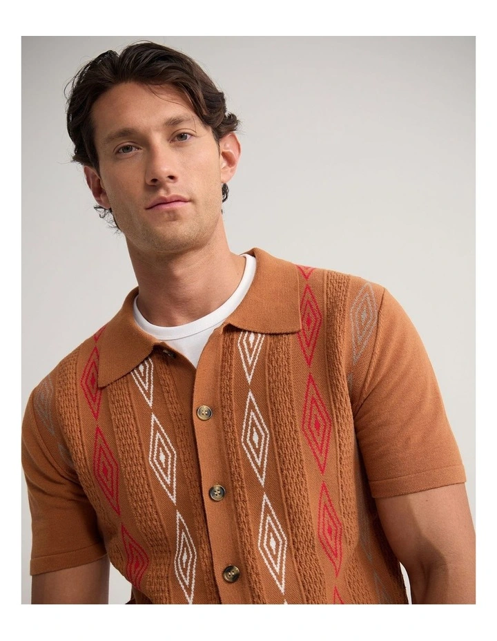 Carey Patterened Button Up Polo in Rust image 4
