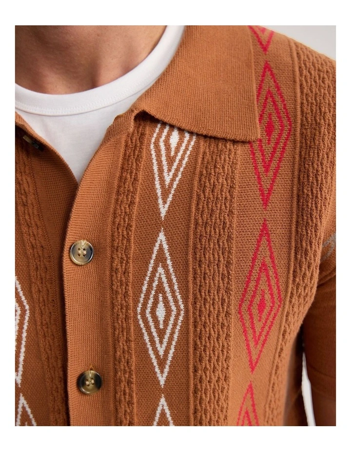 Carey Patterened Button Up Polo in Rust image 6