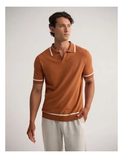 Vito Linen Blend Polo With Tipping in Rust/Ecru