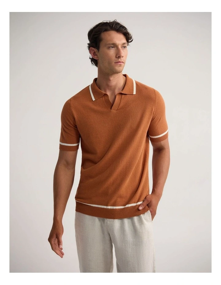 Vito Linen Blend Polo With Tipping in Rust/Ecru image 1
