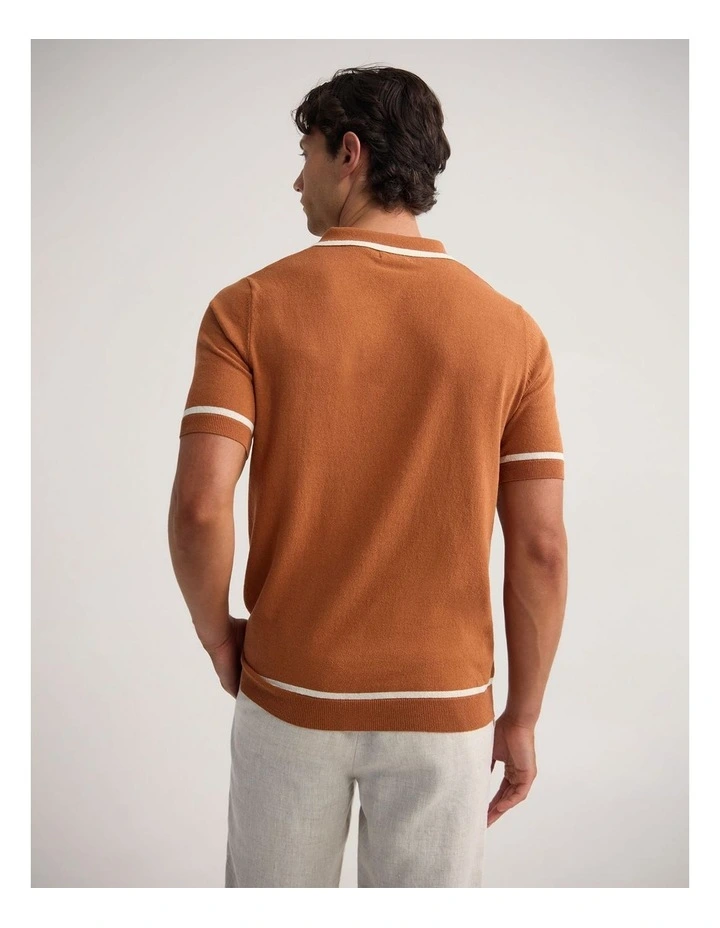 Vito Linen Blend Polo With Tipping in Rust/Ecru image 2