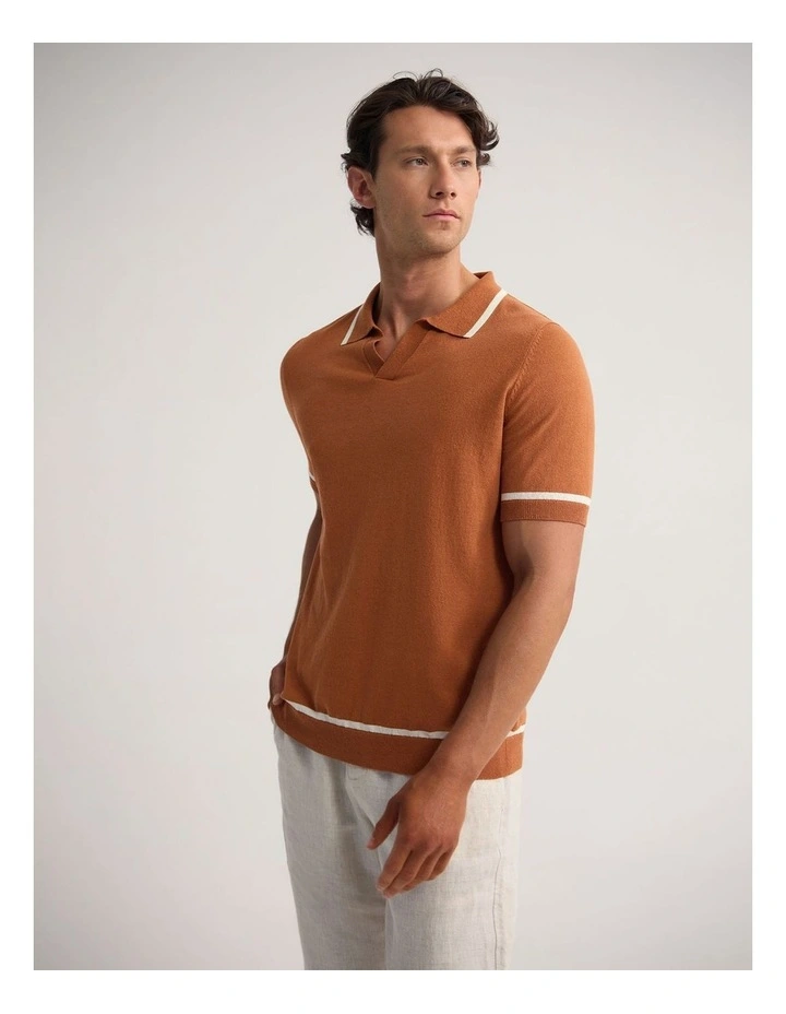 Vito Linen Blend Polo With Tipping in Rust/Ecru image 3
